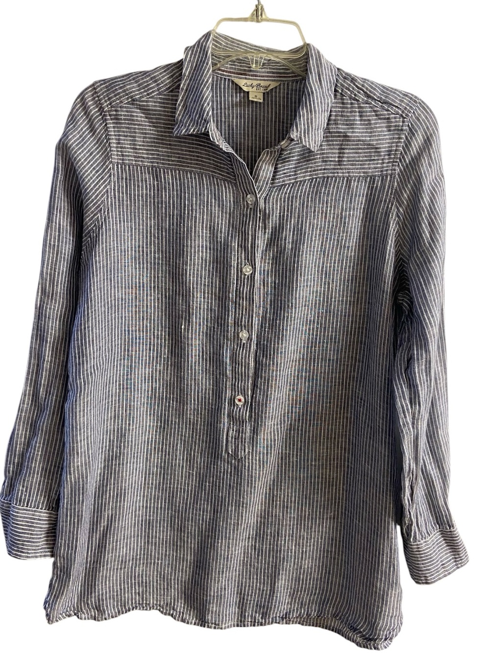 Lucky Brand Blue Striped Popover Shirt Long Sleeve Henley Blouse linen blend S